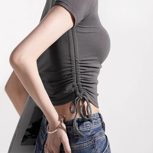 Designers' V-neck drawstring slimming pure desire short-sleeved women's T-shirt 2025 summer new pure color top trendy