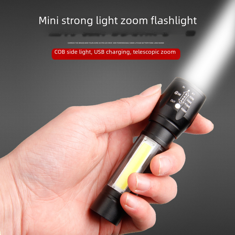 LED 작은 손전등 사이드 라이트 COB 강한 빛 텔레스코픽 줌 USB 충전 세트 미니 511 손전등