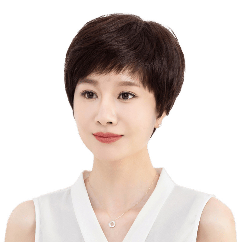 假发女短发真发全真人发中老年女士妈妈款全头套短直发自然假发套|undefined