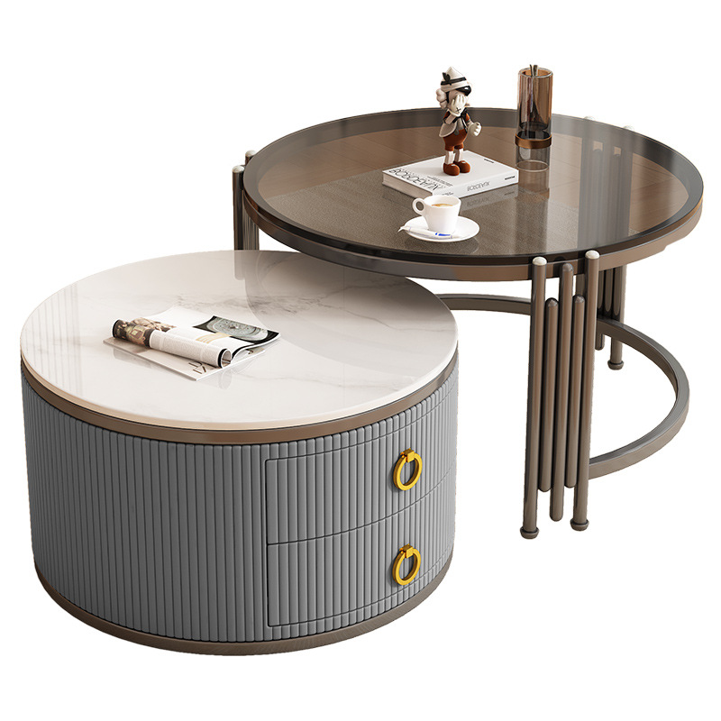 Tabla de té moderna de vidrio de roca personalizada combinación de tamaño para sala de estar simple retráctil redonda pequeña casa adecuada