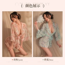 曼烟情趣内衣性感深v一字肩开衫透视烫金印花和服外罩衫浴袍8922