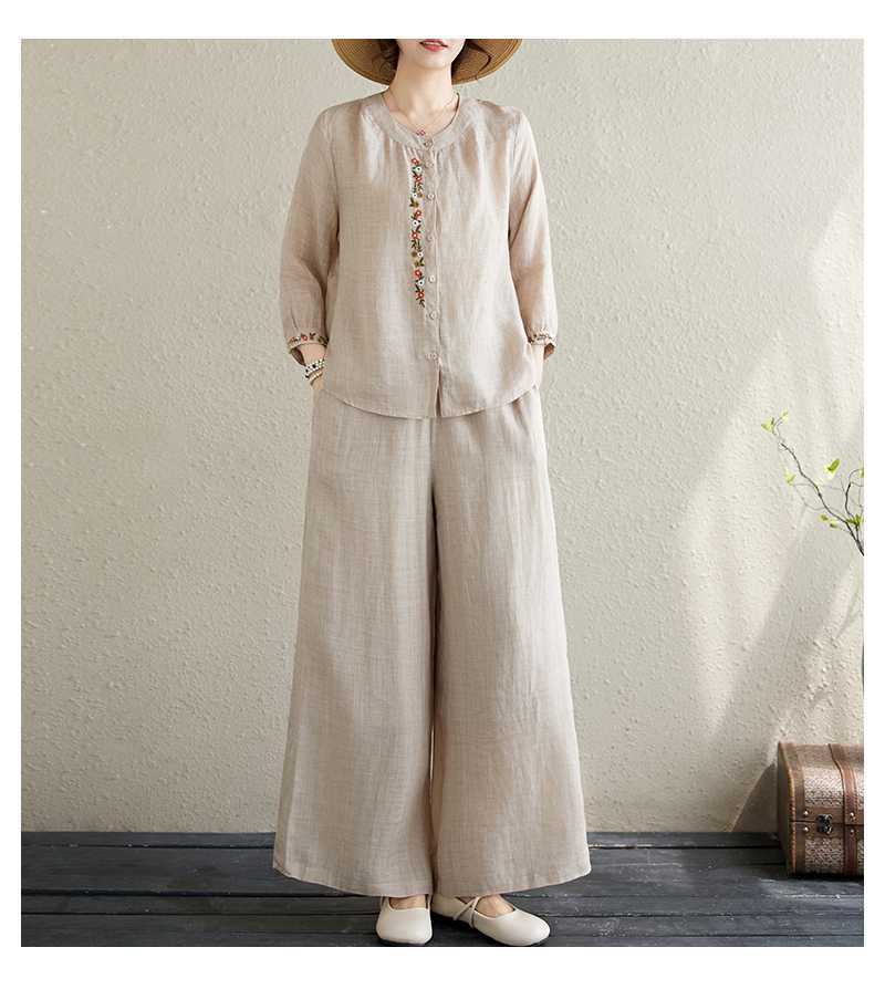 Completo donna camicia ricamata e pantaloncini stile cinese_voghion.com