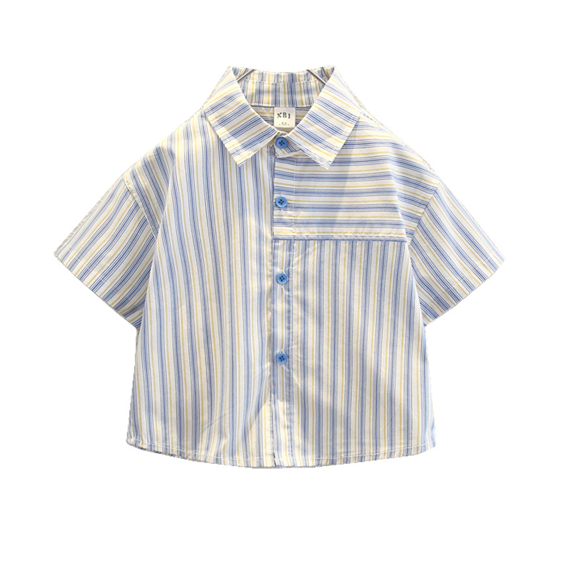 7960 Camisa de manga corta para niños de verano, hermosa blusa de solapa a rayas verticales para niños, camisa para niños pequeños y medianos, estilo de moda de verano
