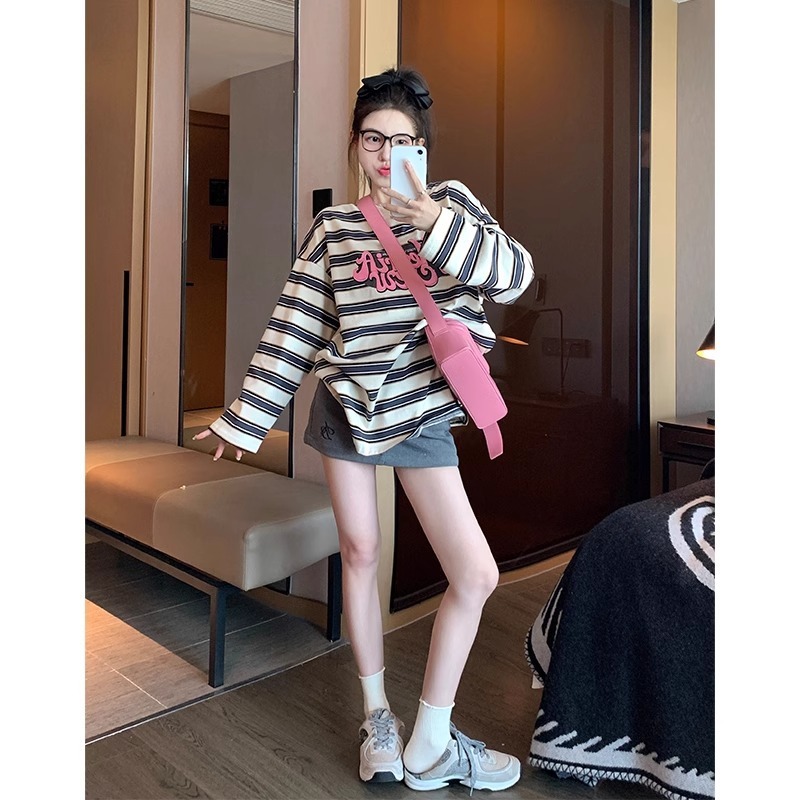 0693#条纹双纱230G卫衣2025秋季新款薄款圆领长袖t恤上衣韩版女装|undefined