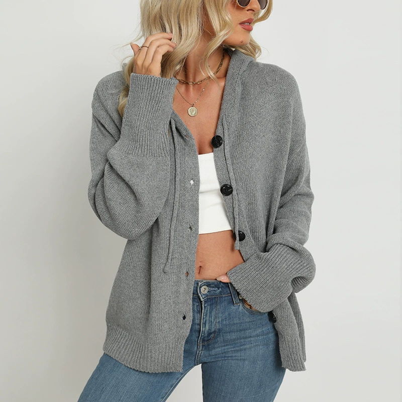 Женский однотонный кардиган с капюшоном на одной пуговице для внешней торговли, новый осенне-зимний вязаный жакет на шнуровке для женщин.
