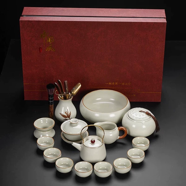 [Gifts] Mihuang Ru Kiln hometown Liang Liang pot lid bowl with eight cups with tea warehouse tea washing 15 pieces+Chinese style gift box (large)