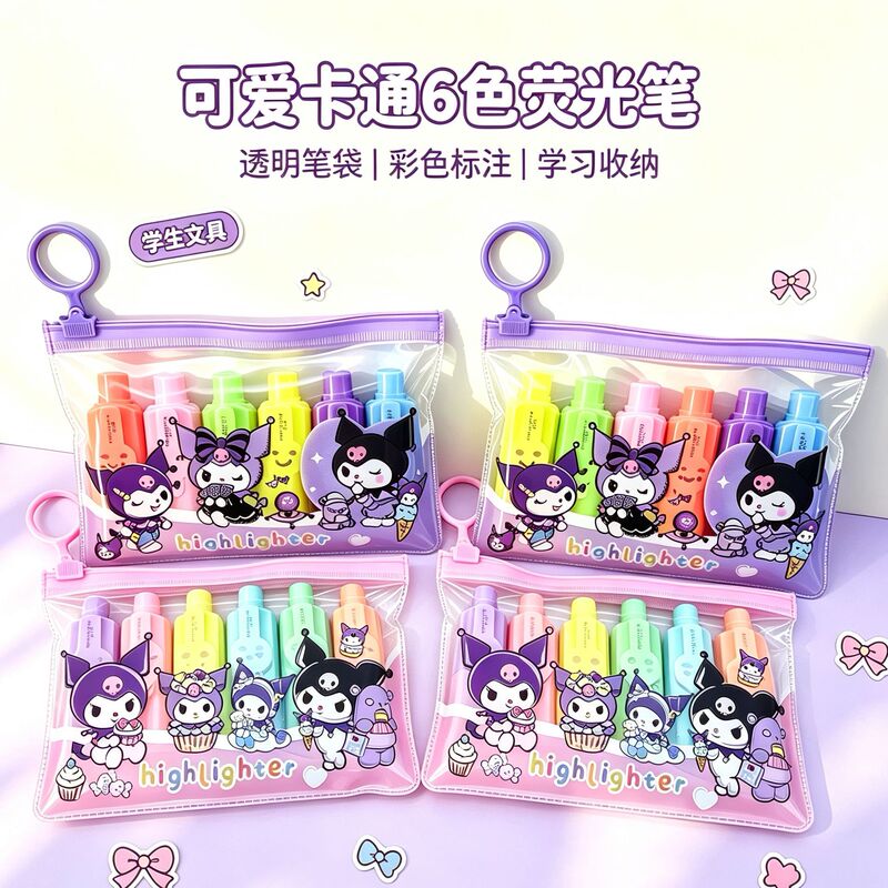 Cartoon Kuromi highlighter pen, six-color set, high-quality design, ideal for students to mark important points, colorful stationery for journaling Cartoon Kuromi highlighter pen, six-color set, high-quality design, ideal for students to mark important points, colorful stationery for journaling