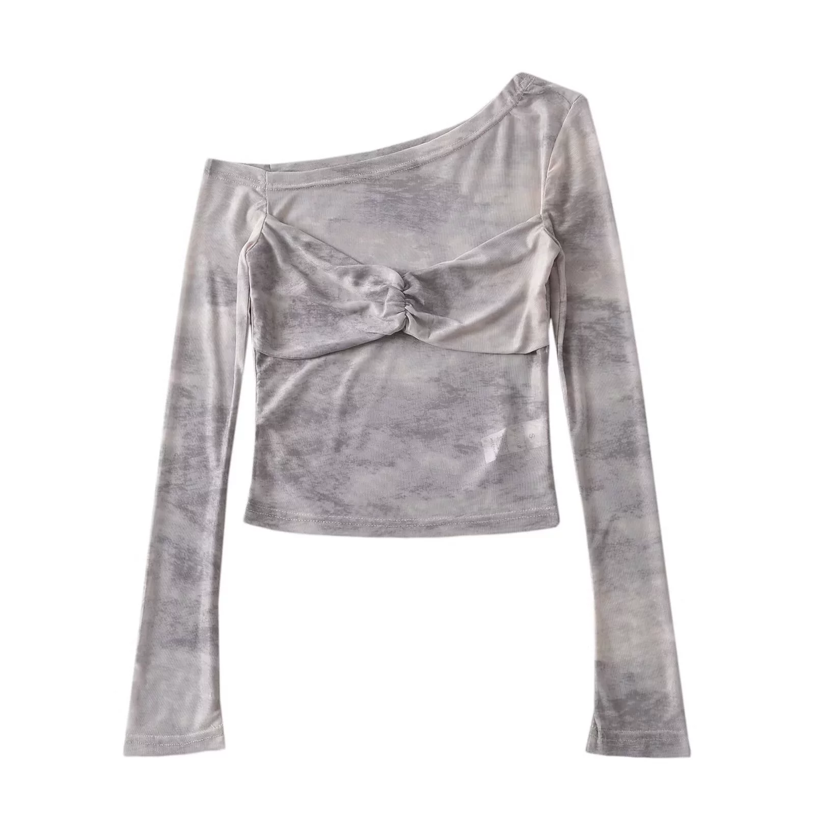 Женская одежда оптом, кросс-бордер, чистая страсть, горячая девушка, однотонный воротник, открытые плечи, тай-дай, длинный рукав, сетчатая плиссированная обтягивающая короткая футболка