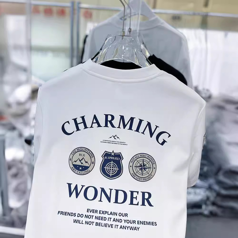 T-shirt à manches courtes en cuivre ammoniac avec broderie patch lettre col rond ample chemise de base épaisse d'hiver américaine_voghion.com