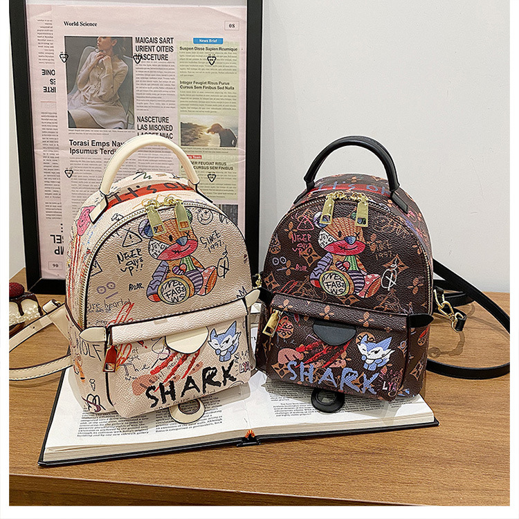 Stylish Graffiti Printed Backpack For Women Cute Bear School Bag_voghion.com