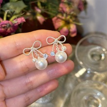 韩版蝴蝶结珍珠锆石耳钉女气质甜美流苏耳环精致百搭合金耳饰批发