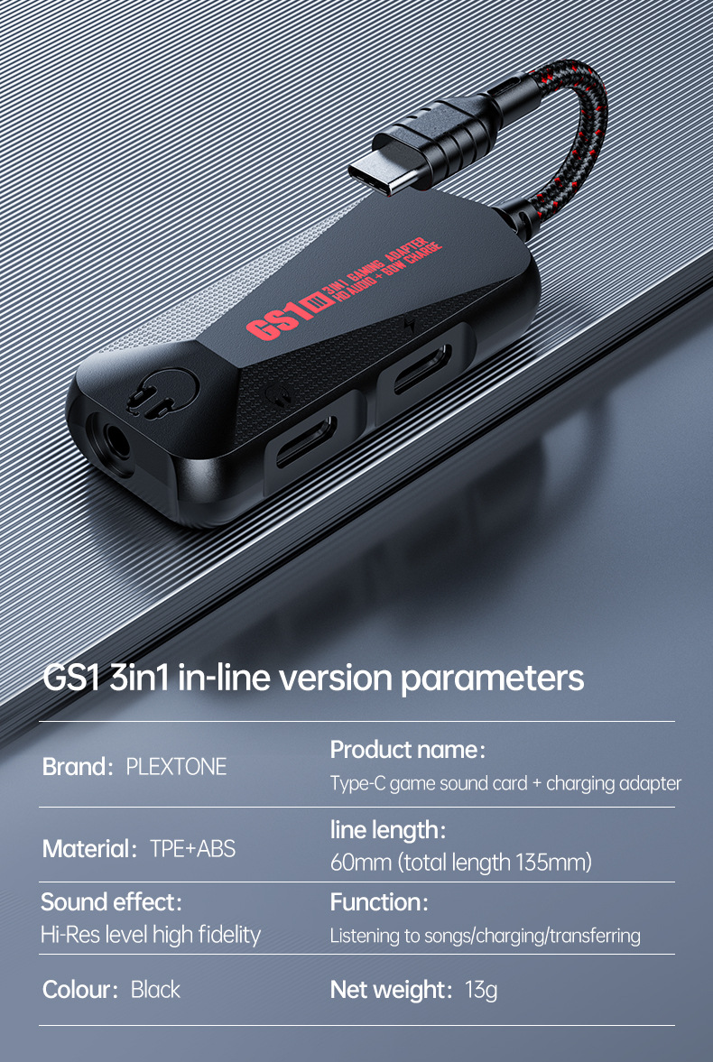 PLEXTONE Puxue GS1 USB-C Konverter Type-C Schnellladung 60W 3-in-1 Gaming Sound Card
