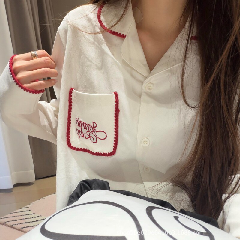 Jennie's Same Style White Embroidered Letter Pajamas for Women, New Spring and Autumn Long-Sleeve Cardigan Loungewear, Girly Style Set Jennie's Same Style White Embroidered Letter Pajamas for Women, New Spring and Autumn Long-Sleeve Cardigan Loungewear, Girly Style Set