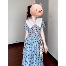 法式海军领蓝色碎花连衣裙子女夏季2025新爆款小个子气质蛋糕长裙