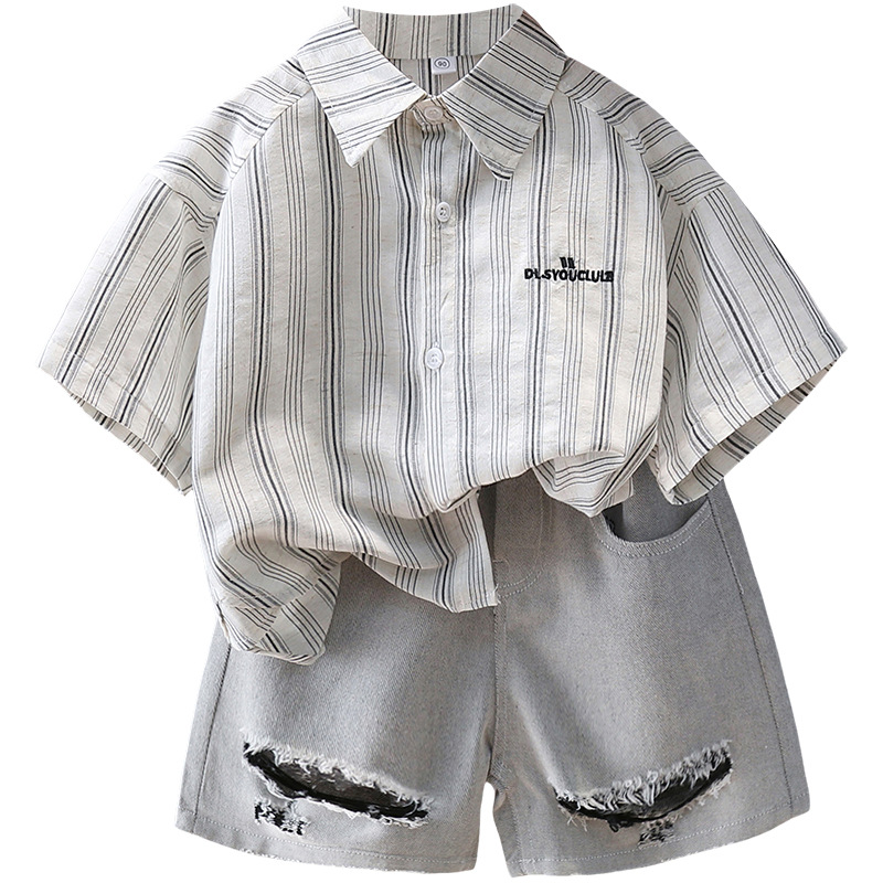 7367 Traje de camisa para niños Camisa a rayas de manga corta delgada de verano para niños 2025 nuevo traje de verano de dos piezas de verano
