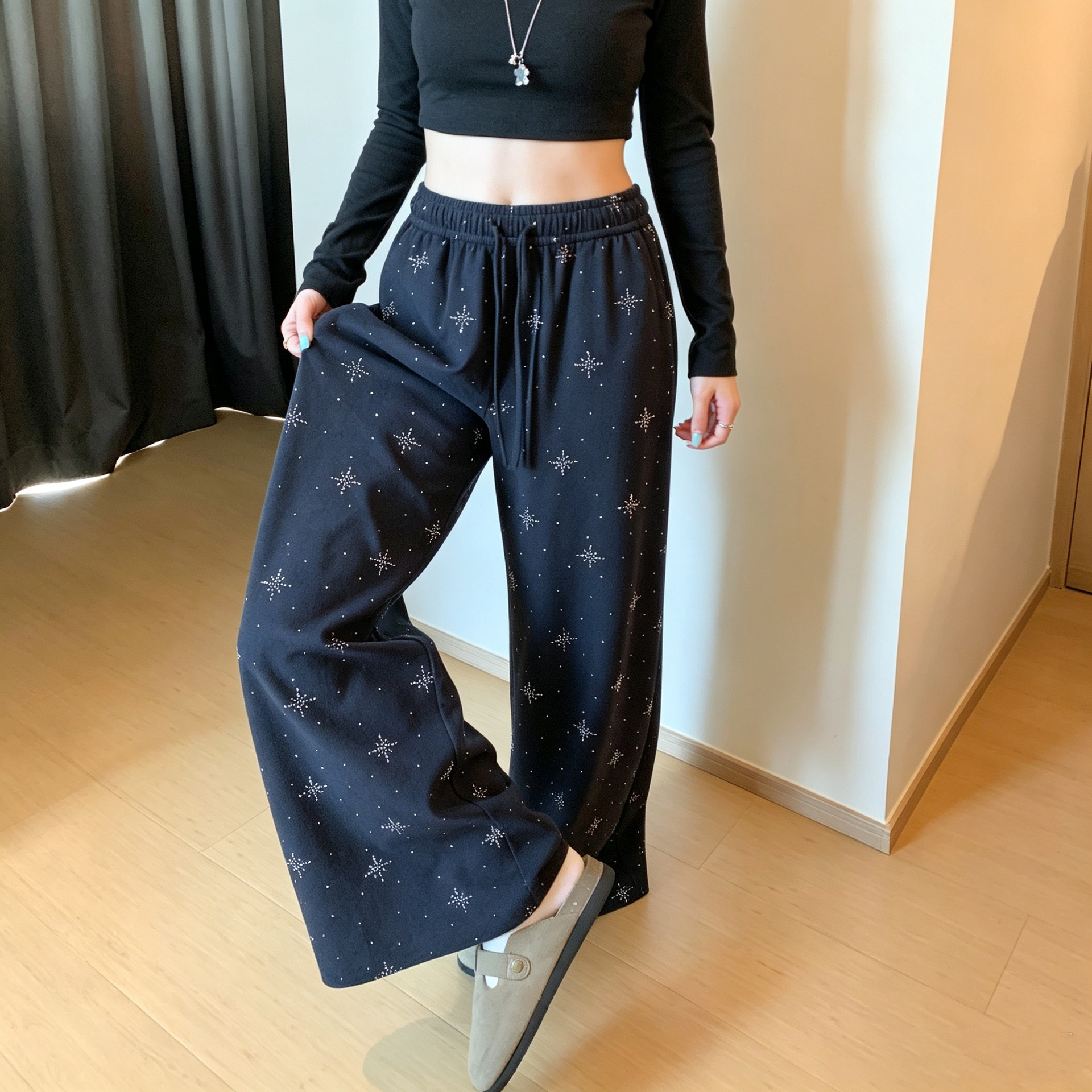 烫钻运动裤女款2026新款胖mm大码宽松卫裤高腰宽松显瘦休闲阔腿裤