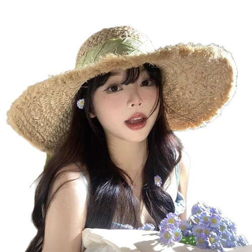 French bow Raffie straw hat women summer big hat brim sun protection hat beach beach vacation knit hat