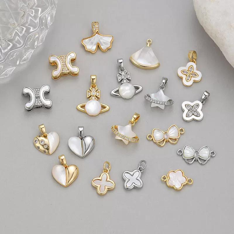 14k真金镶锆石贝母鱼尾吊坠白贝几何椭圆挂件diy手链项链挂坠配件