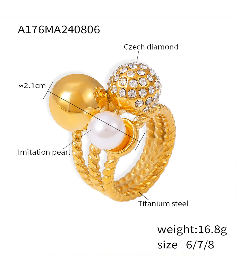 Imitation Pearl Retro Czech Diamond Round Bead Ring Titanium Steel Light Luxury Temperament Versatile Ring_voghion.com