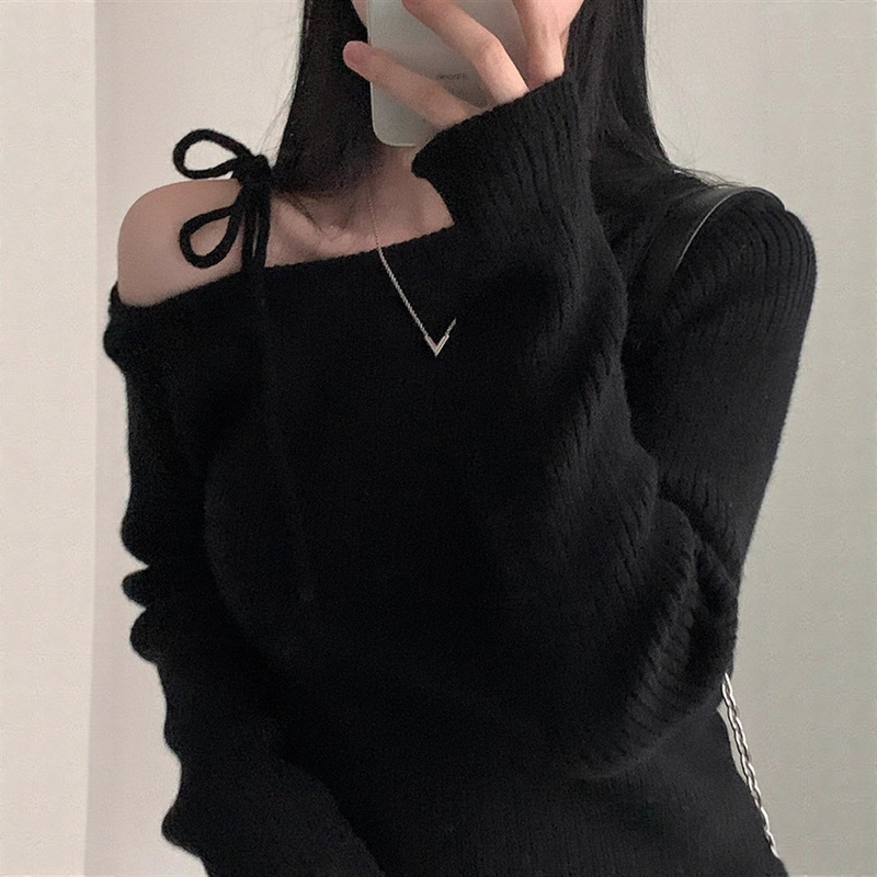 俄罗斯外贸斜肩绑带针织上衣女内搭秋冬独特别致氛围感毛衣打底衫|undefined