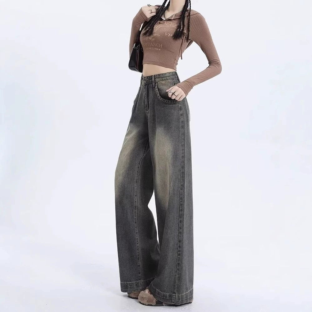 Retro autumn trousers, jeans, high waist, loose straight fit, high-quality style