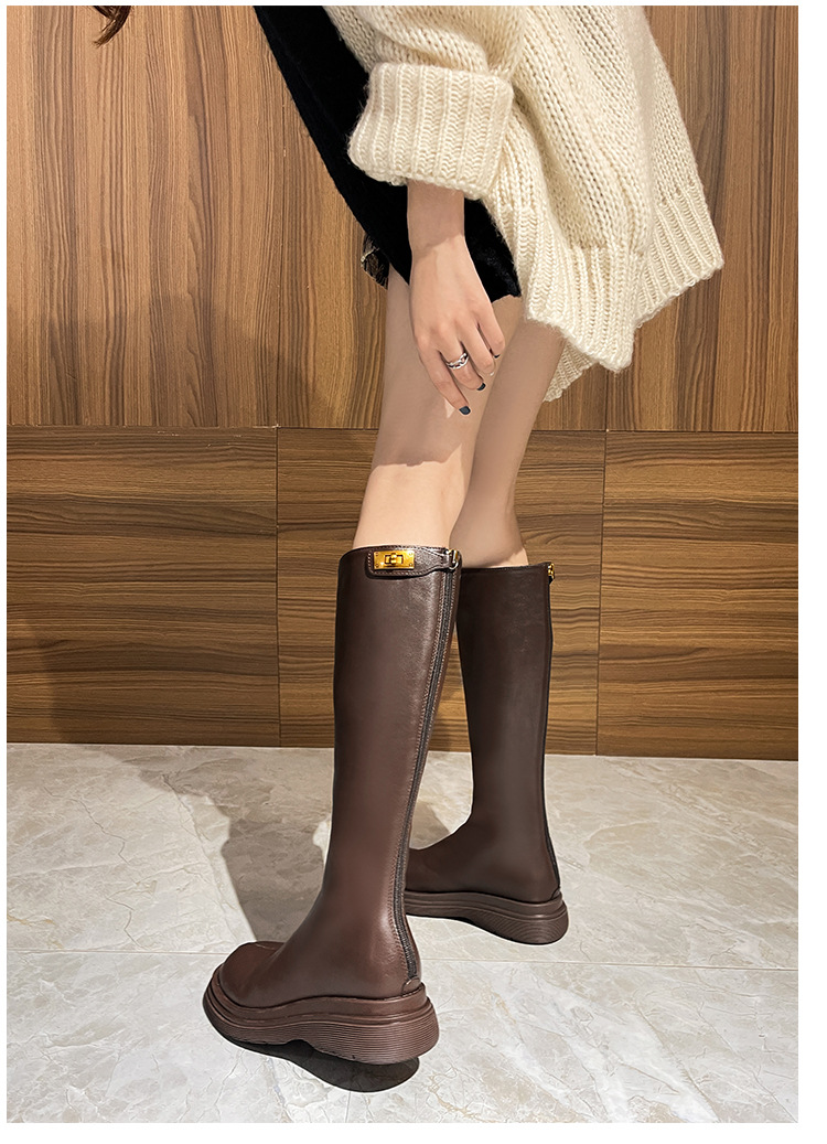 150 short stature with less than knee height, women's new round headed brown plush knight boots for autumn and winter_voghion.com