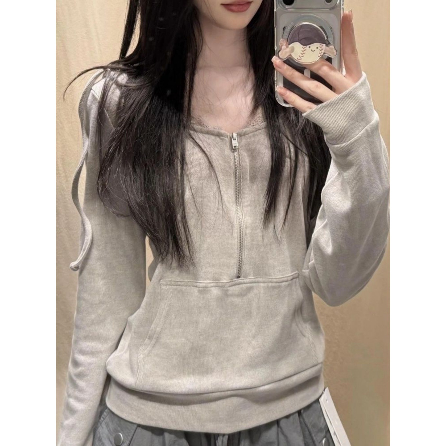 BM Style Hooded Two-Piece Zippered Sweatshirt Women's Autumn New Style Lace-Trimmed Slim Fit Long Sleeve T-Shirt Top