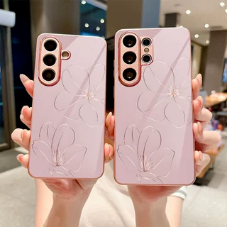 粉金简笔花适用于GalaxyS26玻璃手机壳s25plus/s24ultra/s23保护