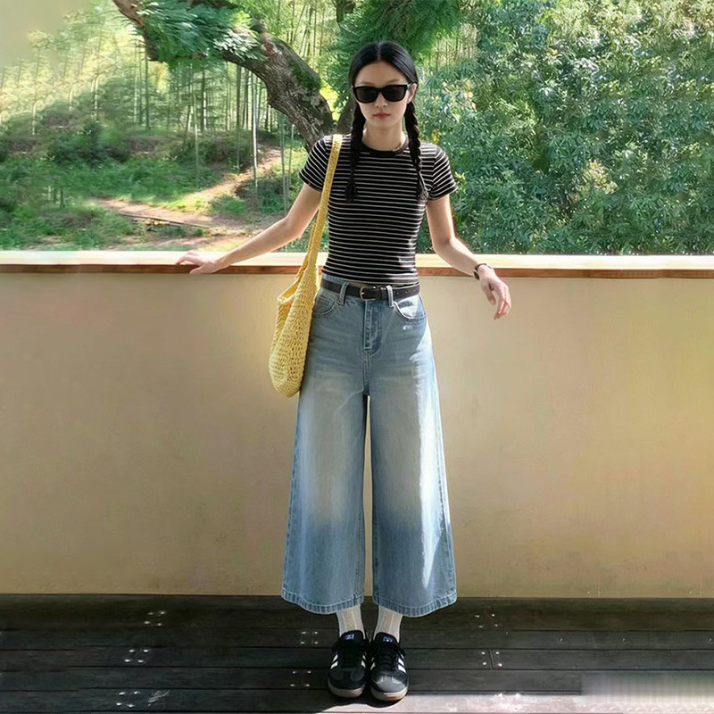 Wide-Leg Denim Cropped Pants for Women, Summer Thin Style, 2026 New Super Popular Model, Flattering for Pear-Shaped Body, Loose Straight Mid-Length Pants
