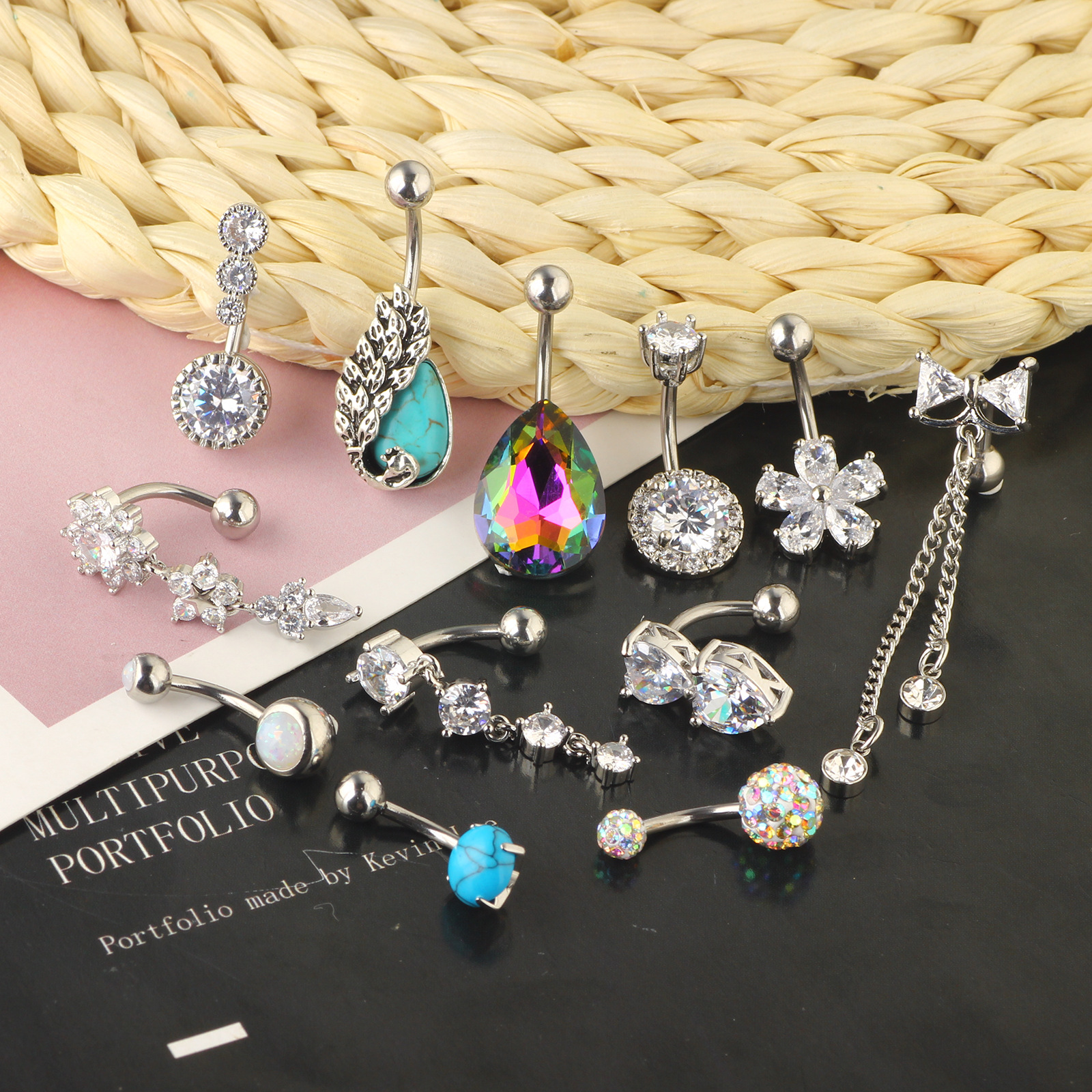 Amazon Wish Exquisite Turquoise Navel Ring 14 Pieces Set with Zircon Belly Button Piercing Jewelry, Stainless Steel detail image 7