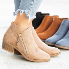 靴独立站跟粗跟拉链短靴女外贸绒面wish新款侧大码女女鞋马丁靴低