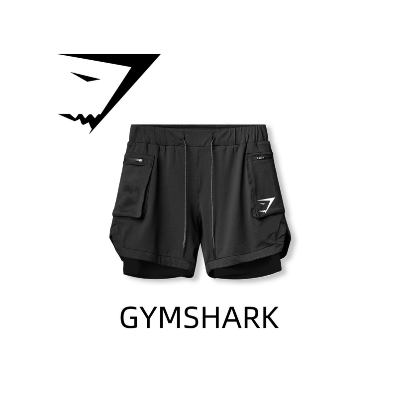 Gymshark Men's Fitness Shorts Foreign Trade Popular Double-Layer Running Training Quick-Dry Shorts with Double Pockets Muscle Shark