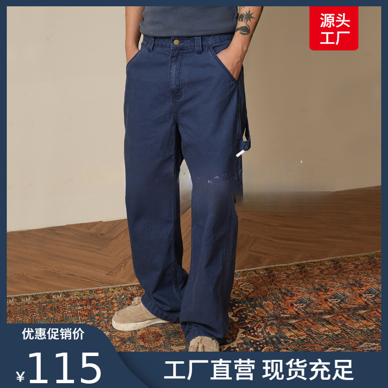 Zonjvnn Retro Workwear Pants Heavy Wash Vintage Casual Loose Wide-Leg Men's Long Pants with Multiple Pockets