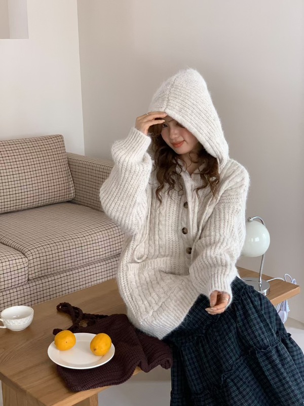 欧美风慵懒连帽开衫毛衣女2025秋冬新款宽松休闲复古麻花针织外套|undefined