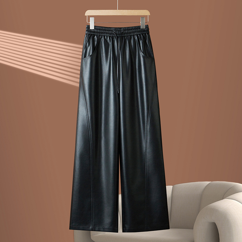 Brown Elastic Waist Leather Pants for Women Autumn and Winter New Retro High-End Casual Windproof Scimitar Wide-Leg Pants Cross-Border Wholesale