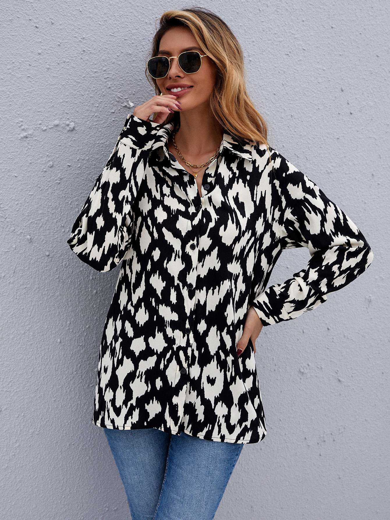 women s printing long-sleeved casual loose chiffon shirt nihaostyles clothing wholesale NSJM73555