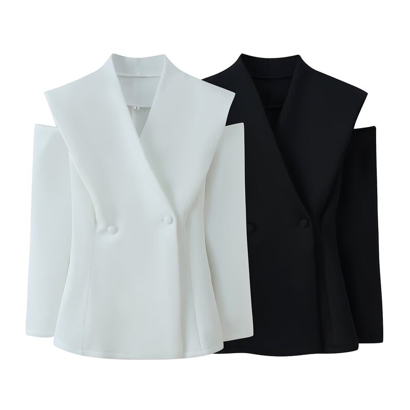 Amazon Wholesale Spring New Women's Versatile Solid Color V-Neck Double-Breasted Long-Sleeve Stylish Slim-Fit Blazer