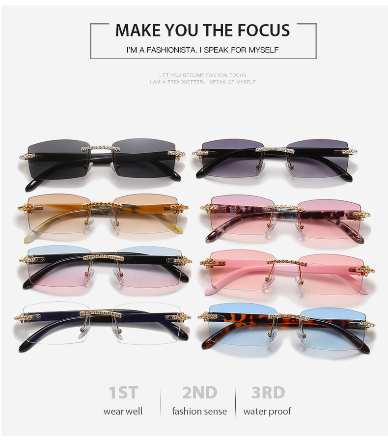 Women'S Gender Diamond Design Fashion Solid Color PC UV400 Protection Square Diamond Frameless Women's Sunglasses