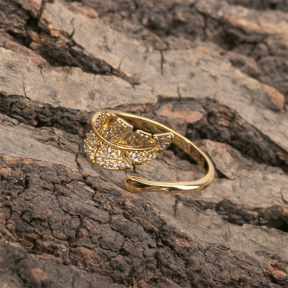 Leaf open ring inlaid zircon copper index finger ring personalized hand jewelry wholesale