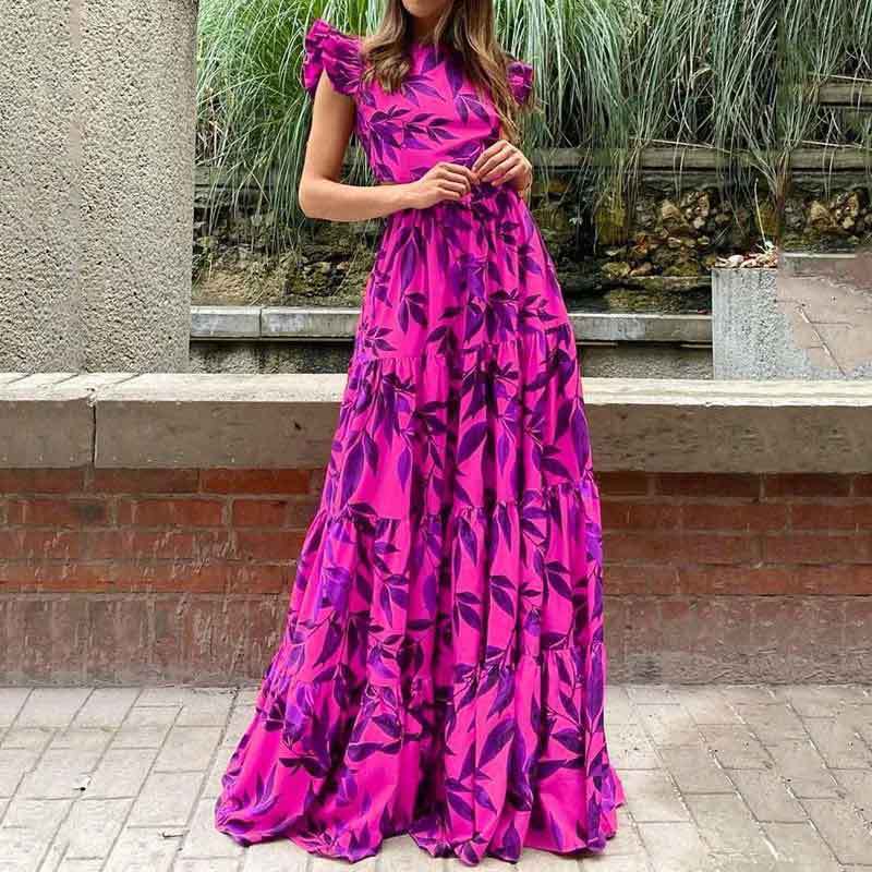 Flounce Sleeve Sleeve Type Wholesale Women's Simple Style Ruffles Flower Travel Round Neck Short Sleeve Sheath Dress