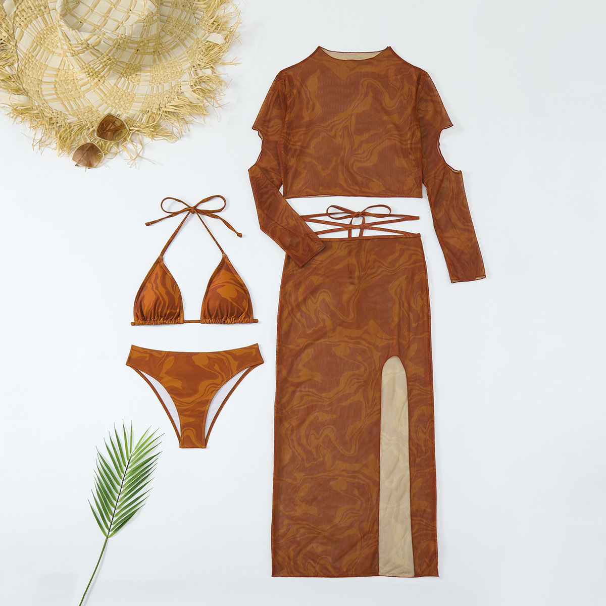 GraceChic Cross-Border Swimsuit Women Three-Piece Sexy Bikini Long Sleeve Half Skirt Printed Fashion High-End Hot Sale Foreign_voghion.com