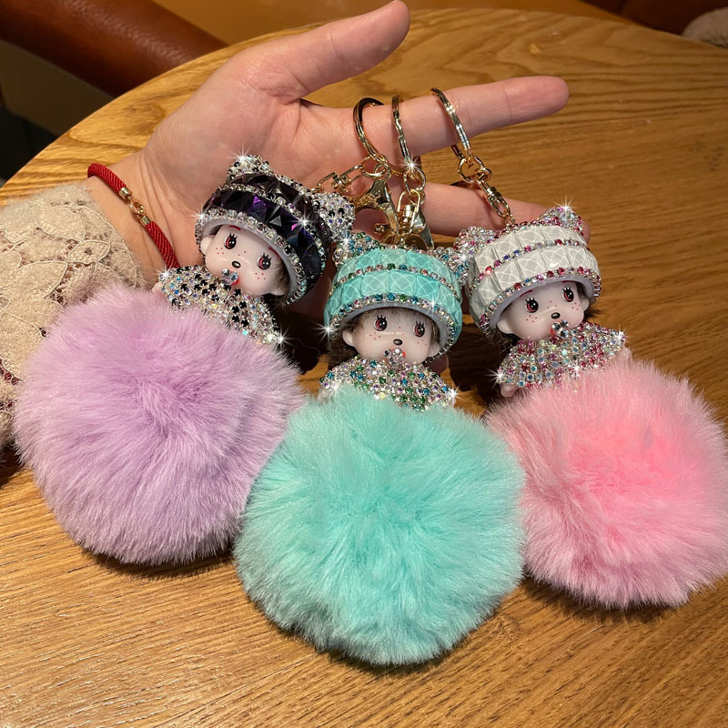 Corea del Sur creativo lindo diamante incrustado lindo Qiqi Bola de piel muñeca llavero mujer de dibujos animados par coche bolsa colgante