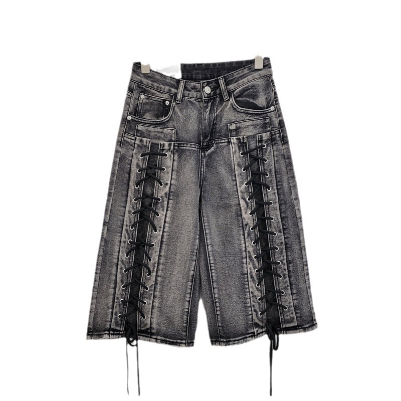 Pantalones Cortos de Mezclilla con Cordón para Mujer de Mezclilla Lavado