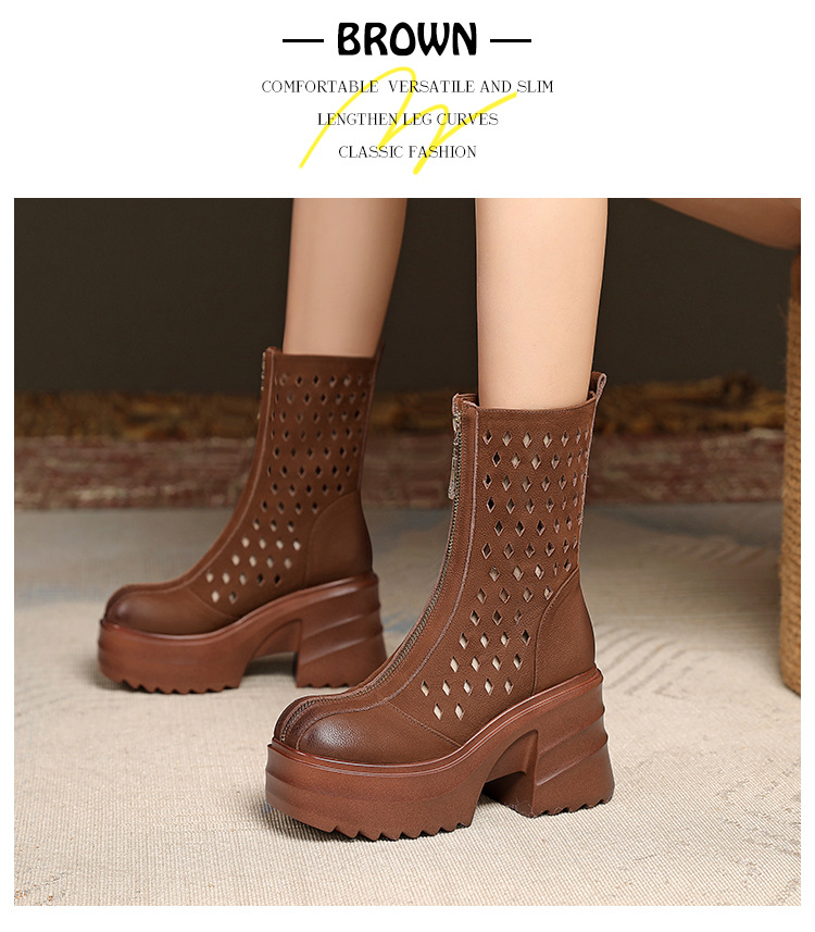 Boot nữ cổ điển khóa kéo phía trước gót dày 10 cm — Màu nâu chi tiết 7