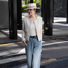 2025秋冬新款时尚圆领简约百搭纯色高级感粗花呢小香风短外套