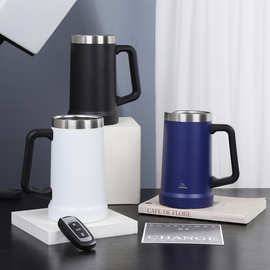 跨境带手柄双层啤酒杯 304不锈钢真空保温杯 自带开瓶器巴西杯