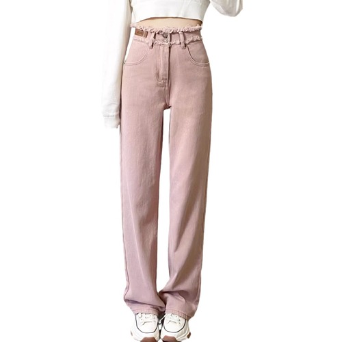 Dirty pink frayed design straight-leg women's autumn loose slim-fitting versatile high-waist wide-leg pants trendy