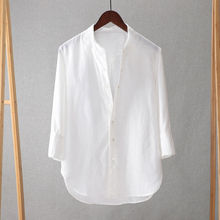 七分袖男士冰丝衬衫夏季新款宽松薄款透气纯色棉麻衬衣男白色中袖