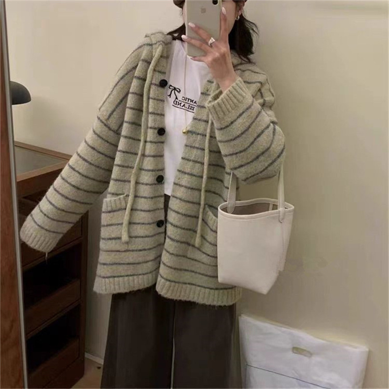 韩系宽松慵懒风条纹休闲毛衣外套女秋冬新款复古百搭连帽针织开衫|undefined