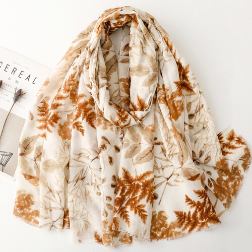 Cross-border foreign trade export level 4 cotton linen hand feel scarf with gold foil lush leaves print silk scarf women's shawl